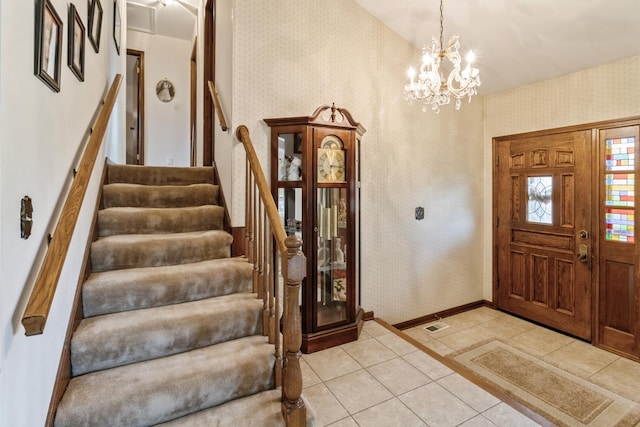 1243 W Byron Ave, Addison, IL 60101 - foyer with wallpapered walls, stairway, a chandelier, and light tile patterned floors