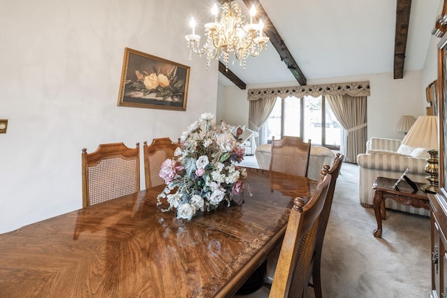 1243 W Byron Ave, Addison, IL 60101 - dining space featuring a chandelier, beamed ceiling, and carpet