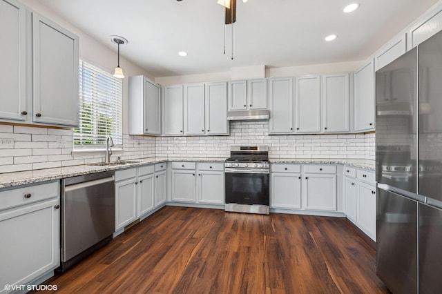 955 S Roxbury Ct, Round Lake, IL 60073 - kitchen with stainless steel appliances, under cabinet range hood, dark wood-style floors, tasteful backsplash, and light stone countertops