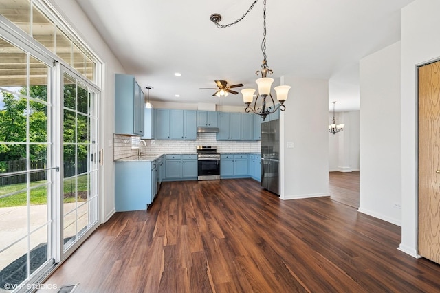 955 S Roxbury Ct, Round Lake, IL 60073 - kitchen with blue cabinets, a chandelier, stainless steel electric range oven, decorative backsplash, and dark wood-type flooring