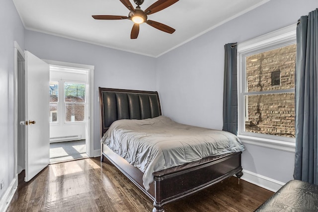 6210 N Francisco Ave, Chicago, IL 60659 - bedroom featuring a baseboard radiator, wood finished floors, baseboards, ornamental molding, and a ceiling fan