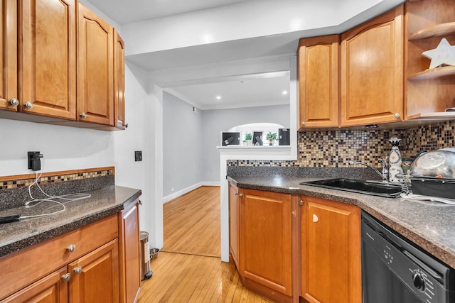 6210 N Francisco Ave, Chicago, IL 60659 - kitchen featuring black dishwasher, a sink, light wood-style floors, decorative backsplash, and crown molding
