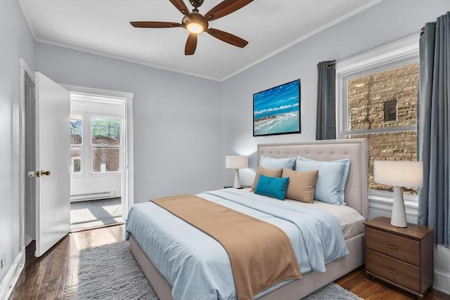 6210 N Francisco Ave, Chicago, IL 60659 - bedroom with a baseboard radiator, wood finished floors, crown molding, and ceiling fan