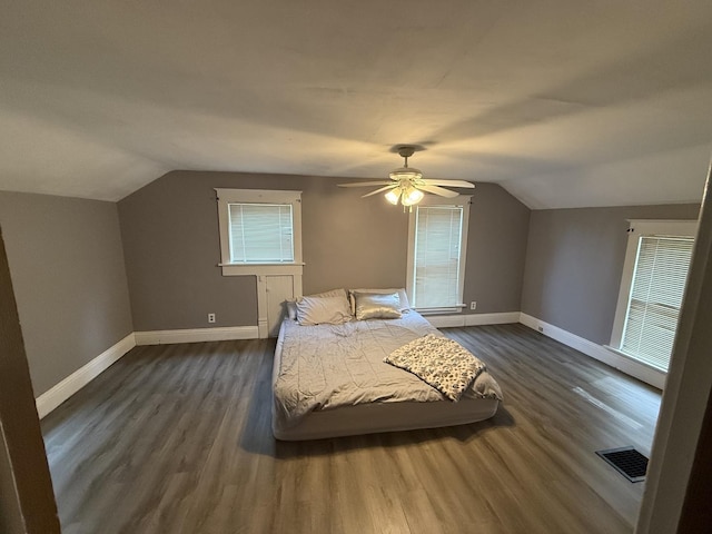 26 Elm Pl, Princeton, IL 61356 - bedroom with lofted ceiling, baseboards, dark wood-style floors, and ceiling fan
