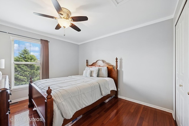 4370 Whitehall Ln, Algonquin, IL 60102 - bedroom featuring hardwood / wood-style floors, a ceiling fan, crown molding, and a closet