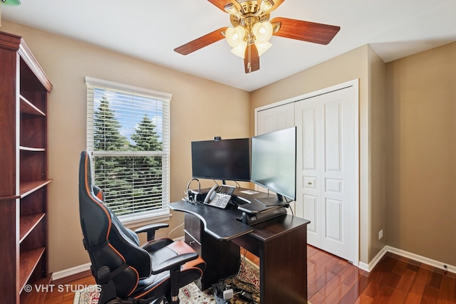4370 Whitehall Ln, Algonquin, IL 60102 - office with a ceiling fan and dark wood-style floors