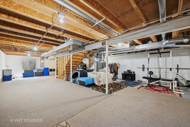 4370 Whitehall Ln, Algonquin, IL 60102 - unfinished basement featuring stairway, electric panel, and carpet flooring