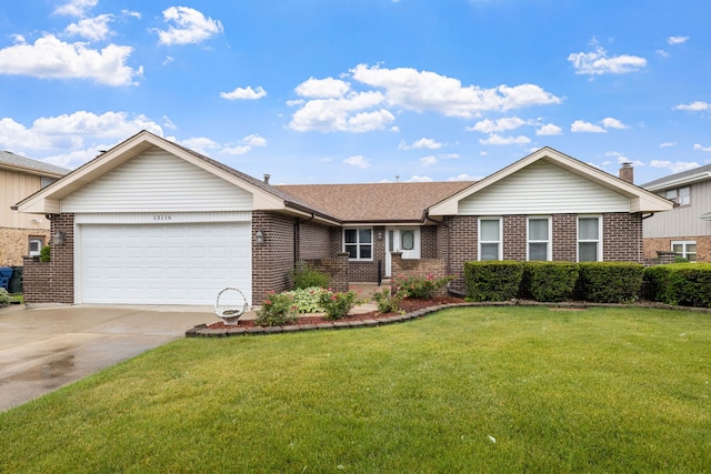 13116 Woodland Dr, Homer Glen, IL 60491 - ranch-style house with brick siding, a garage, driveway, and a front lawn