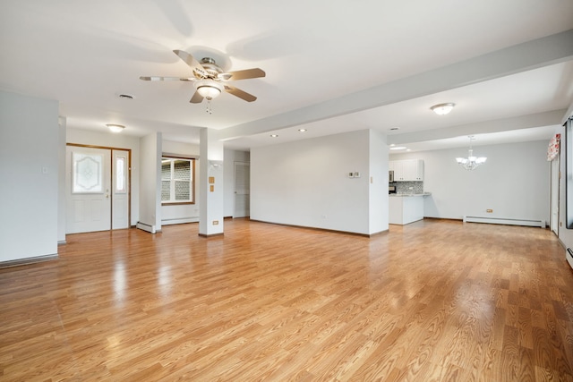 13116 Woodland Dr, Homer Glen, IL 60491 - unfurnished living room with a chandelier, a ceiling fan, a baseboard radiator, and light wood-style floors