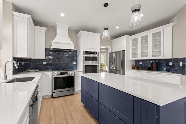 2731 Wolf River Ct, Naperville, IL 60565 - kitchen featuring stainless steel appliances, custom exhaust hood, a sink, decorative backsplash, and white cabinets