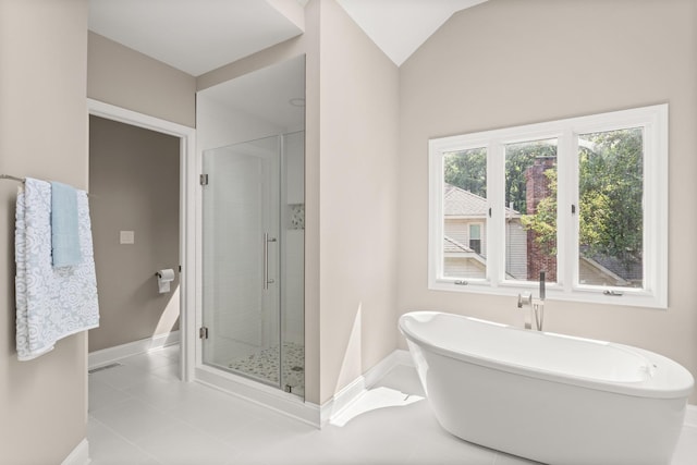 2731 Wolf River Ct, Naperville, IL 60565 - full bathroom featuring baseboards, a stall shower, a soaking tub, tile patterned flooring, and vaulted ceiling
