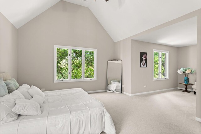 2731 Wolf River Ct, Naperville, IL 60565 - carpeted bedroom featuring baseboards, high vaulted ceiling, and a ceiling fan