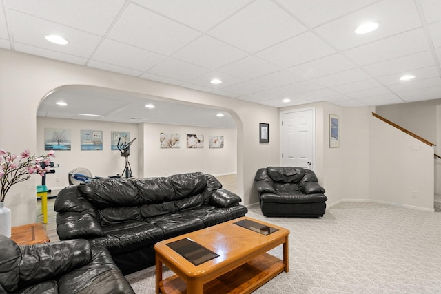 2731 Wolf River Ct, Naperville, IL 60565 - living area featuring arched walkways, carpet floors, a paneled ceiling, recessed lighting, and baseboards