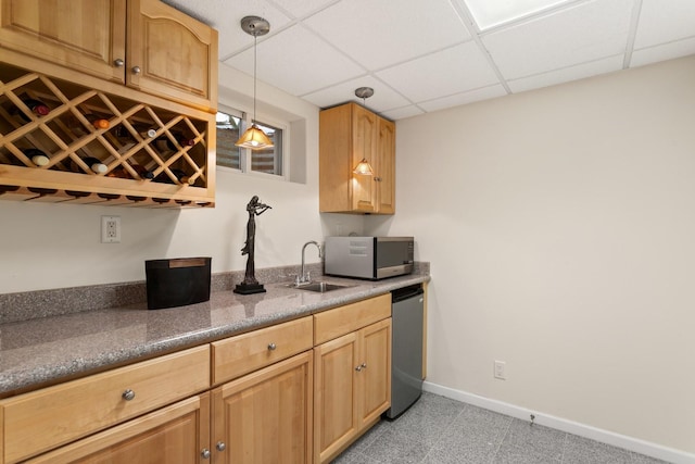 2731 Wolf River Ct, Naperville, IL 60565 - kitchen with stainless steel appliances, a sink, a paneled ceiling, baseboards, and hanging light fixtures