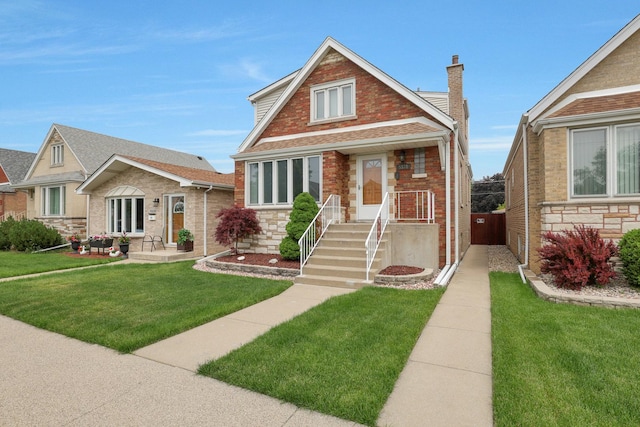 5531 S Mcvicker Ave, Chicago, IL 60638 - bungalow-style home with stone siding, a front yard, and a chimney