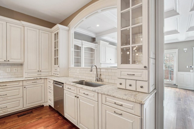 3926 N Greenview Ave, Chicago, IL 60613 - kitchen with a sink, dishwasher, dark wood finished floors, backsplash, and beam ceiling