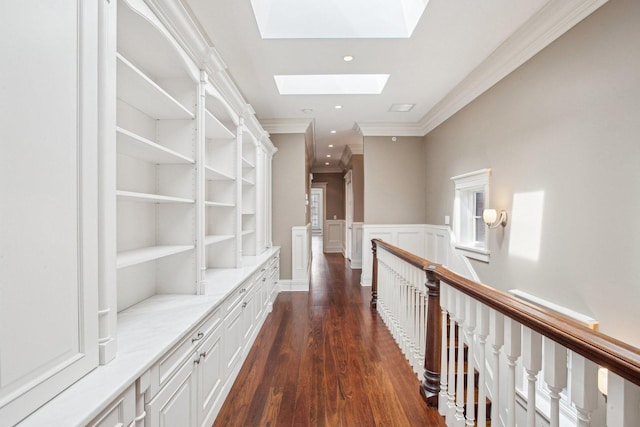 3926 N Greenview Ave, Chicago, IL 60613 - hall with ornamental molding, dark wood-style floors, a skylight, a wainscoted wall, and recessed lighting