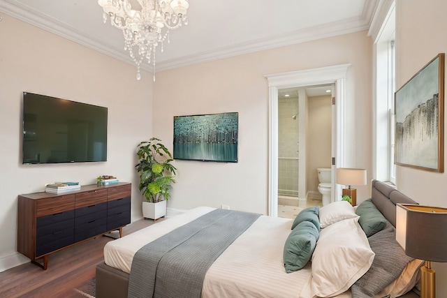 3926 N Greenview Ave, Chicago, IL 60613 - bedroom featuring ornamental molding, a chandelier, wood finished floors, and ensuite bathroom