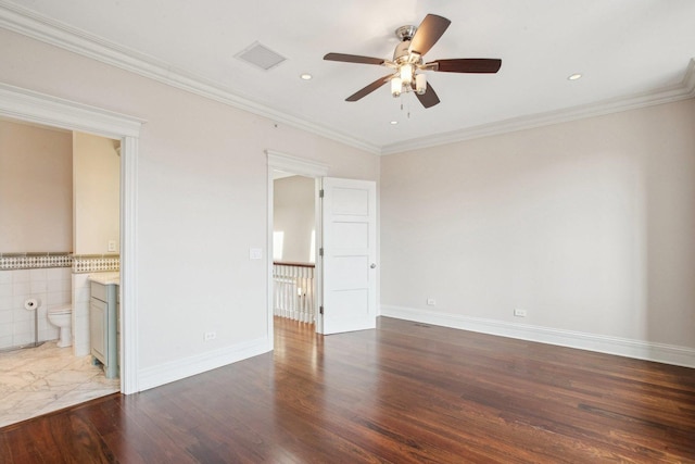 3926 N Greenview Ave, Chicago, IL 60613 - spare room featuring a ceiling fan, recessed lighting, ornamental molding, wood finished floors, and baseboards
