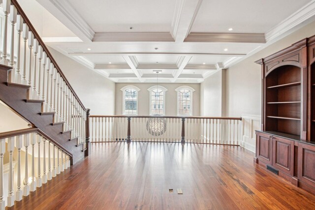 3926 N Greenview Ave, Chicago, IL 60613 - empty room featuring wood finished floors, beam ceiling, coffered ceiling, crown molding, and recessed lighting