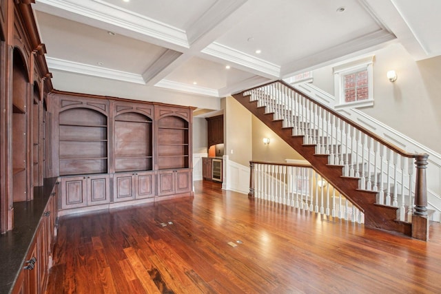 3926 N Greenview Ave, Chicago, IL 60613 - unfurnished living room with dark wood-style floors, coffered ceiling, beamed ceiling, stairs, and wainscoting