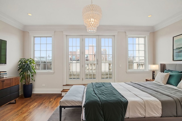 3926 N Greenview Ave, Chicago, IL 60613 - bedroom featuring dark wood finished floors, a chandelier, baseboards, crown molding, and recessed lighting