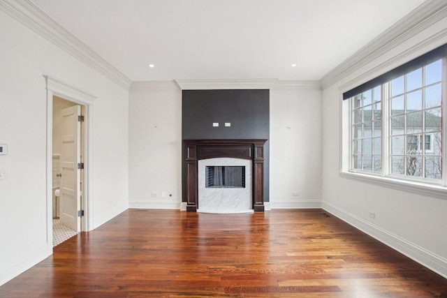3926 N Greenview Ave, Chicago, IL 60613 - unfurnished living room featuring wood finished floors, ornamental molding, a fireplace, baseboards, and recessed lighting