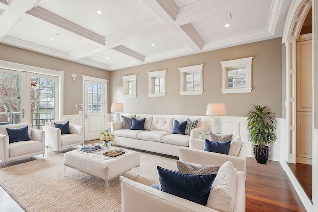 3926 N Greenview Ave, Chicago, IL 60613 - living room with coffered ceiling, beam ceiling, dark wood-style flooring, and a decorative wall