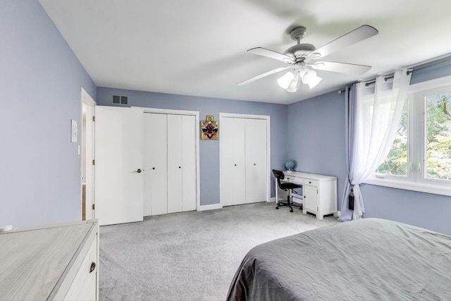 14828 W N Creek Ct, Homer Glen, IL 60491 - bedroom featuring multiple closets, light carpet, an office area, and ceiling fan