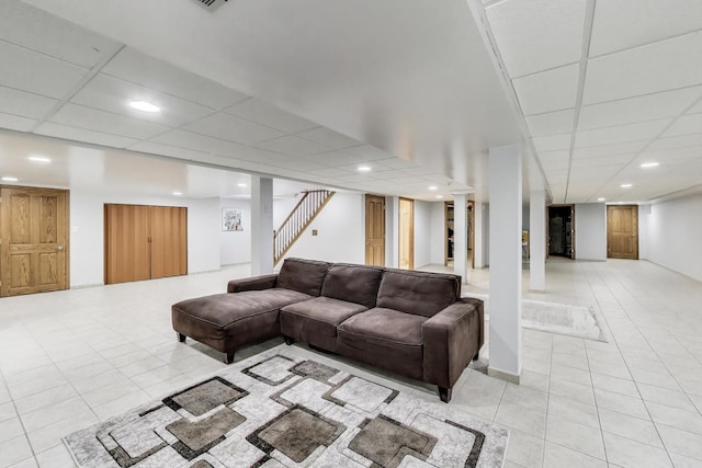 14828 W N Creek Ct, Homer Glen, IL 60491 - living area featuring light tile patterned floors, stairway, recessed lighting, and a drop ceiling