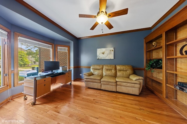 4332 Camelot Cir, Naperville, IL 60564 - office area with crown molding, light wood-style flooring, a ceiling fan, and baseboards