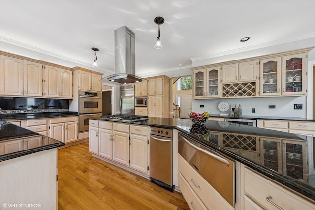 4332 Camelot Cir, Naperville, IL 60564 - kitchen featuring appliances with stainless steel finishes, island range hood, ornamental molding, glass insert cabinets, and light brown cabinets