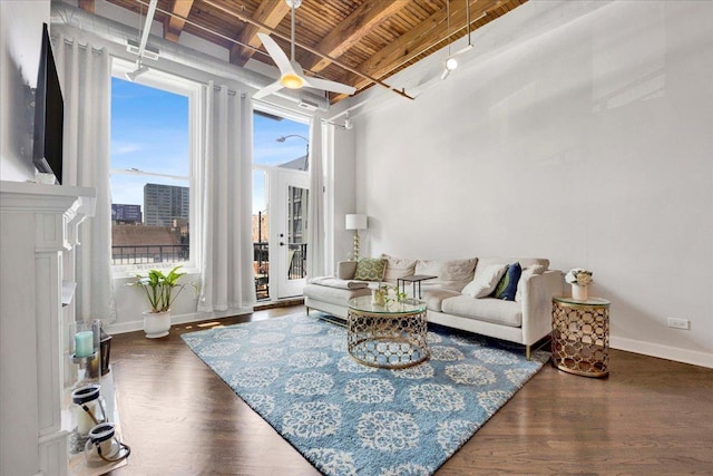 616 W Fulton St Unit 212, Chicago, IL 60661 - living room with wooden ceiling with exposed beams, baseboards, wood finished floors, and a ceiling fan
