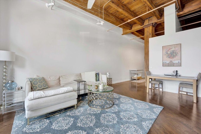 616 W Fulton St Unit 212, Chicago, IL 60661 - living room with wood ceiling with exposed beams, high vaulted ceiling, wood finished floors, and baseboards