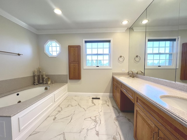 10N872 Williamsburg Dr, Elgin, IL 60124 - full bath with ornamental molding, double vanity, a bath, recessed lighting, and marble look tiles