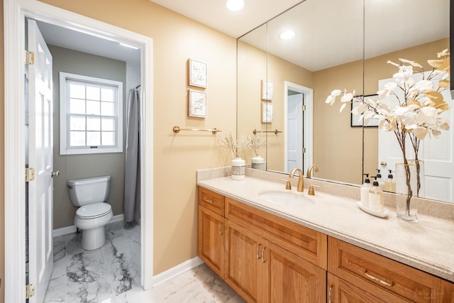 10N872 Williamsburg Dr, Elgin, IL 60124 - bathroom featuring marble look tiles, vanity, toilet, baseboards, and recessed lighting