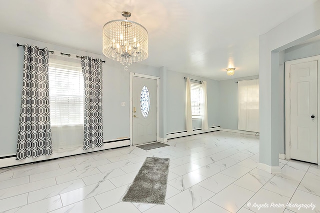 617 Colville Pl, Waukegan, IL 60087 - foyer with a baseboard heating unit, baseboards, a chandelier, and light marble finish floors