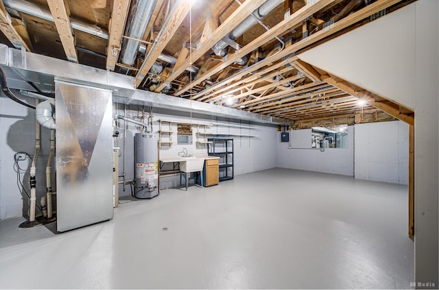 unfinished basement featuring water heater and heating unit