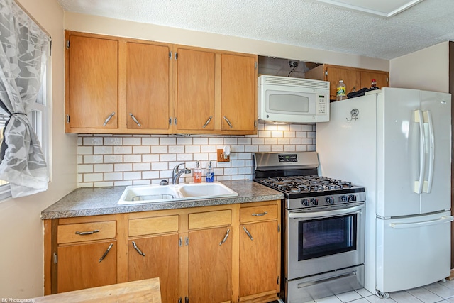 4037 W 90th Pl, Hometown, IL 60456 - kitchen with white appliances, a sink, decorative backsplash, a textured ceiling, and light tile patterned floors