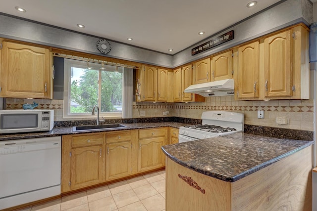 833 Summerfield Dr, Roselle, IL 60172 - kitchen featuring white appliances, under cabinet range hood, a sink, light tile patterned floors, and backsplash