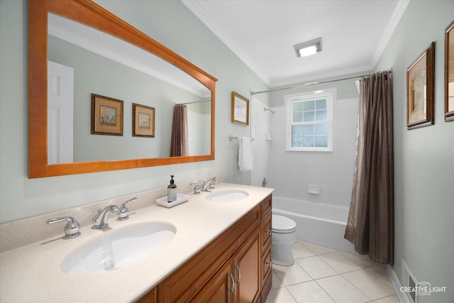 1903 Brentwood Ln, Wheaton, IL 60189 - bathroom featuring double vanity, shower / bath combo, crown molding, and tile patterned flooring