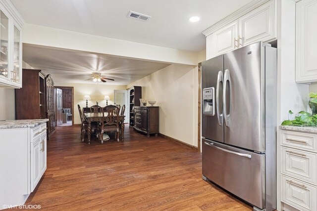 359 N Shady Ln, Elmhurst, IL 60126 - kitchen featuring stainless steel refrigerator with ice dispenser, white cabinetry, light wood-type flooring, glass insert cabinets, and ceiling fan