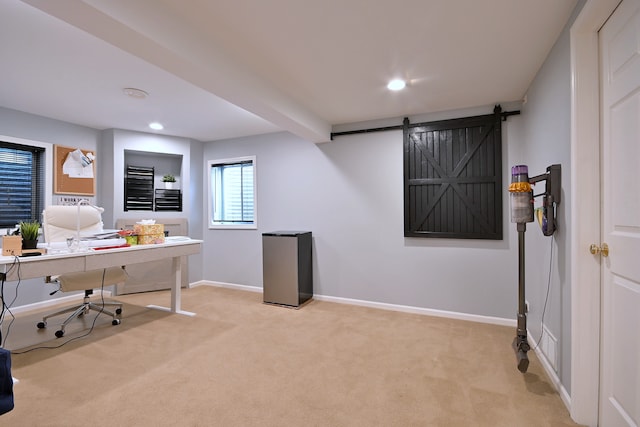 1422 Deer Creek Ln, Lake In The Hills, IL 60156 - office space featuring light colored carpet, baseboards, recessed lighting, and a barn door