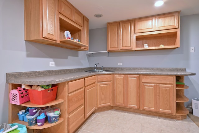 1422 Deer Creek Ln, Lake In The Hills, IL 60156 - kitchen with open shelves, a sink, and light tile patterned flooring