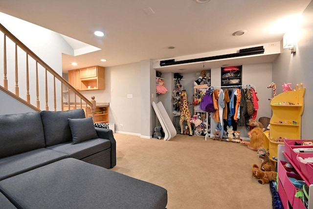 1422 Deer Creek Ln, Lake In The Hills, IL 60156 - living room featuring stairway, light carpet, and recessed lighting