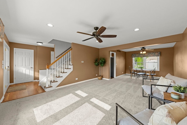 926 Navajo St, Carol Stream, IL 60188 - living area featuring ceiling fan, light carpet, stairs, and recessed lighting
