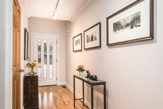 1023 Rene Ct, Park Ridge, IL 60068 - entrance foyer with track lighting, light wood finished floors, ornamental molding, plenty of natural light, and baseboards
