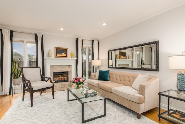 1023 Rene Ct, Park Ridge, IL 60068 - living area featuring ornamental molding, plenty of natural light, a fireplace, wood finished floors, and recessed lighting
