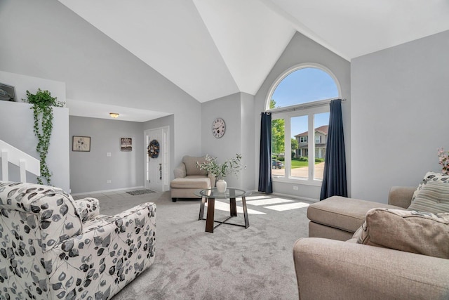 2825 Centurion Ln, New Lenox, IL 60451 - living room featuring high vaulted ceiling, carpet, and baseboards