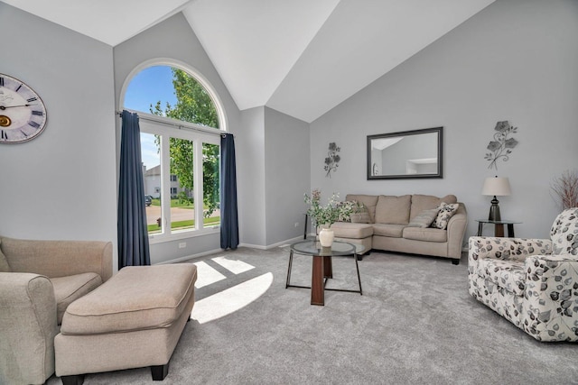 2825 Centurion Ln, New Lenox, IL 60451 - living room featuring light carpet, high vaulted ceiling, and baseboards